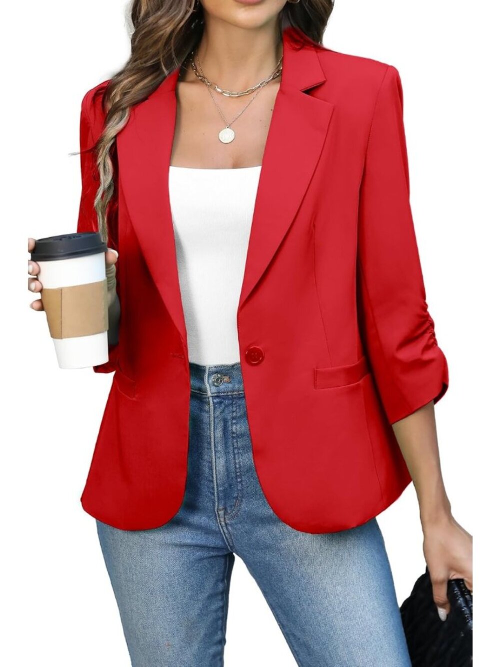 Lightweight Fitted 3/4 Sleeve Ruched Blazer Jacket for Women - Stylish